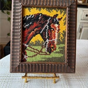 Vintage Handmade Needlepoint Horse Framed Art - Multicolor